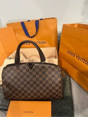 Louis Vuitton Brown Damier Canvas Top-Handle Bag with Dark Brown Trims